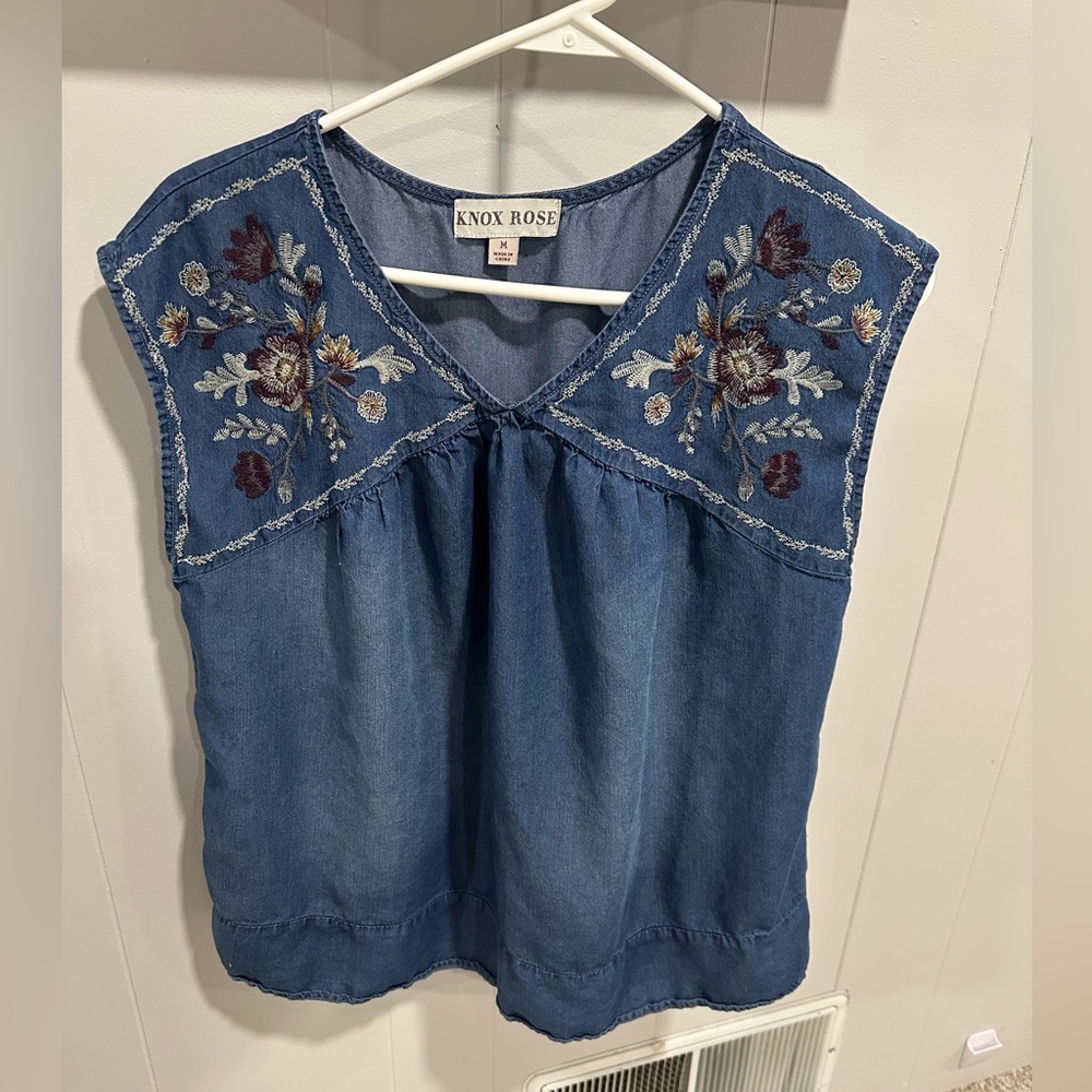 Knox Rose Denim Blue Floral Embroidered Blouse